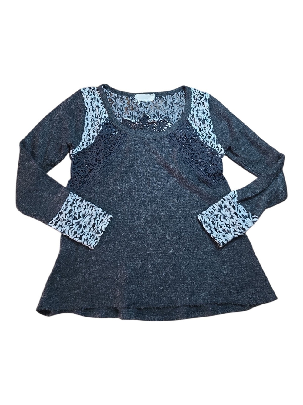 A'REVE | Boho Charcoal Lace Crochet Mixed Media Slub Swing Sweater Top | M - Picture 2 of 12